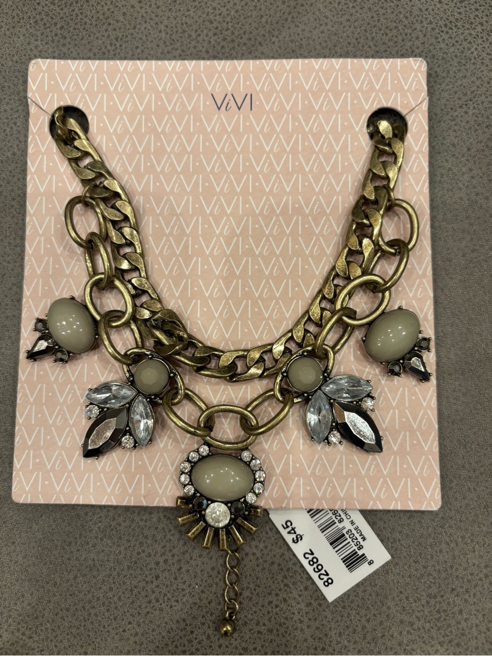 ViVI Taupe and Gold Statement Necklace with Crystal Accents - Picture 5 of 6
